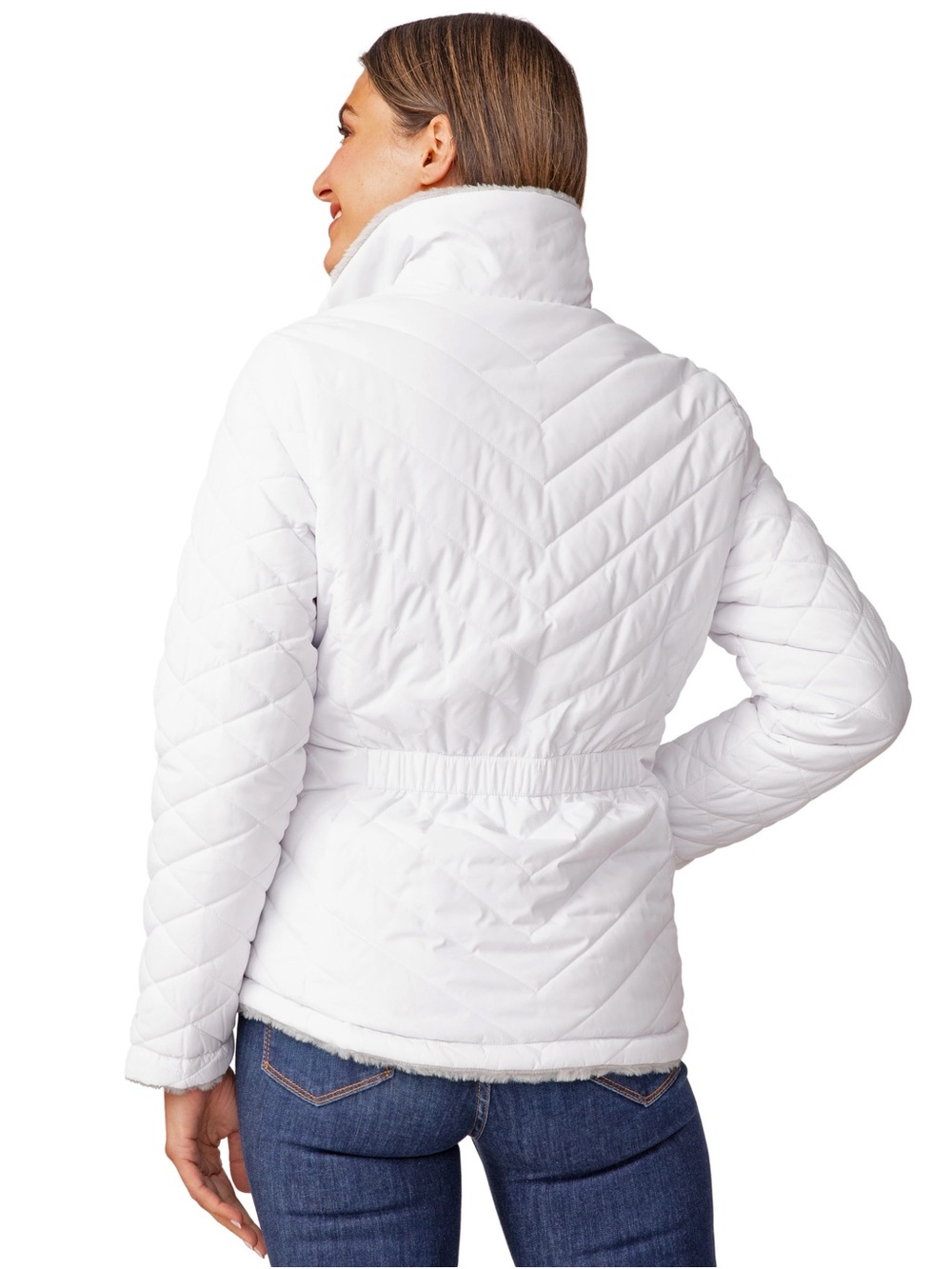 White Quilted Women's Puffer Jacket - Lightweight Insulated Coat (Reversible) M